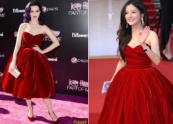 Katty Perry "bắt chước" Triệu Vy diện váy hoa hồng