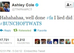 Ashley Cole bị &#8220;tuýt còi&#8221; vì phát ngôn bừa bãi trên mạng xã hội Twitter