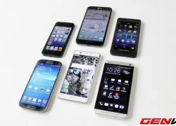 Đặt màn hình với iPhone 5, Z10, Vega Iron, Galaxy S4, One và Optimus G Pro lên bàn cân