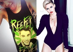 Miley Cyrus lè lưỡi khoe áo hình Justin Bieber hút cần sa