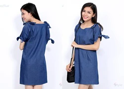 Đầm suông Denim nơ vai