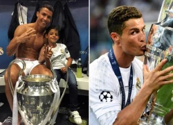 Cristiano Ronaldo dạy con trai cách ăn mừng trong phòng thay đồ