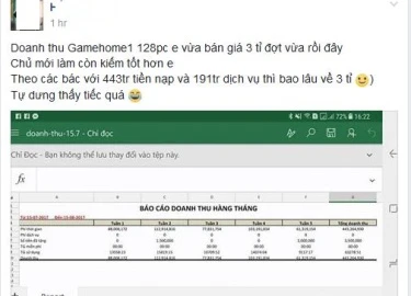 Lộ doanh thu quán net Việt khủng: 1 tháng 443 triệu tiền nạp và 191 triệu tiền dịch vụ