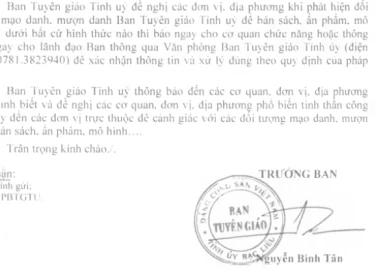 Cảnh giác các đối tượng mạo danh Ban Tuyên giáo Tỉnh ủy để... bán sách