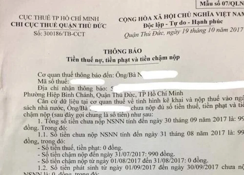 Một người dân "bỗng dưng" bị cưỡng chế nợ thuế gần 1.000 đồng