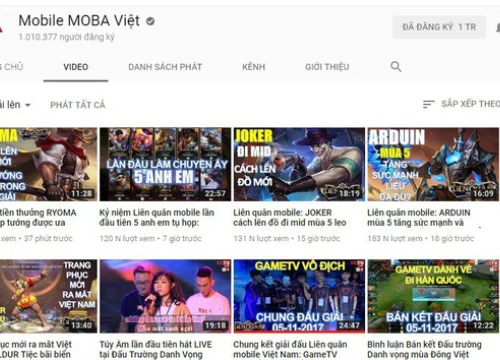 Liên Quân Mobile: Kênh youtube MOBA Việt chính thức đạt 1 triệu lượt subscribe chỉ sau 1 năm hoạt động