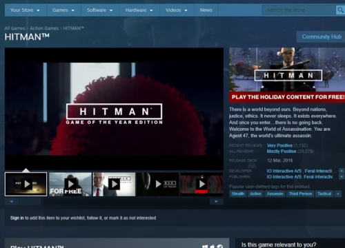 Hitman Holiday Pack đang được tặng miễn phí trên Steam, một click nhận game AAA vĩnh viễn