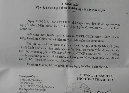 Thanh tra Chính phủ "bác" đơn khiếu nại của Quyền Vụ trưởng Nguyễn Minh Mẫn