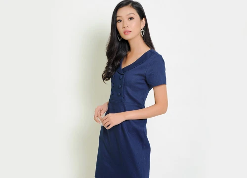 Đầm jean suông thời trang Eden cổ vest phối nút (Jean) - D260