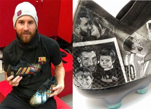 Messi được fan tặng giày vẽ hình hôn vợ ôm con