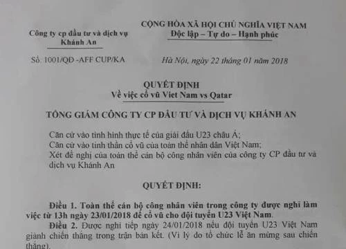 Tổng Giám đốc cho nhân viên nghỉ làm, cổ vũ U23 Việt Nam đá bán kết