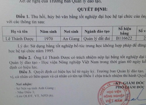 Phó Giám đốc Quỹ đất tỉnh bị hủy bằng đại học vì sử dụng bằng giả