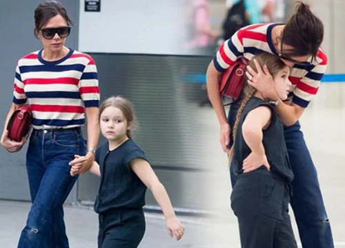 Phờ phạc vì chuyến bay dài, Harper Beckham được mẹ "tiếp sức" bằng nụ hôn trìu mến