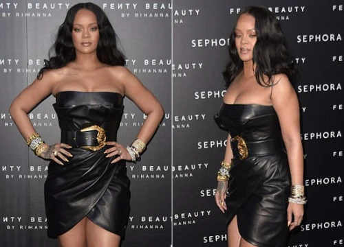 Rihanna o ép vòng một với váy da bó sát