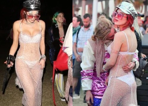 Bella Thorne mặc như không, để bạn trai hôn vòng 1 giữa lễ hội Coachella đông người