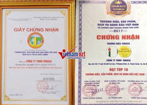 Không tiết lộ tiền Vinaca đóng để nhận giải thương hiệu vì hợp đồng