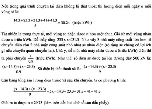 Đáp án bài toán chuyển tải điện của năm vùng kinh tế