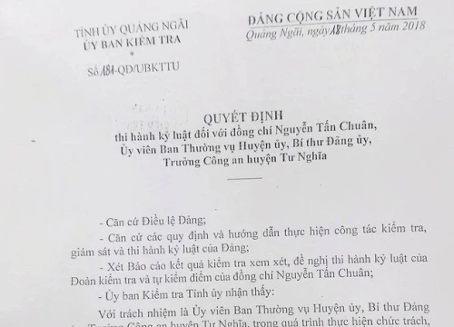 Kỷ luật Trưởng Công an huyện Tư Nghĩa