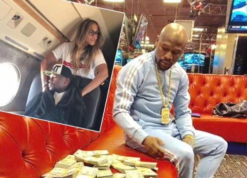 Mayweather rải tiền, khoe nhân viên massage tóc vàng trên chuyên cơ