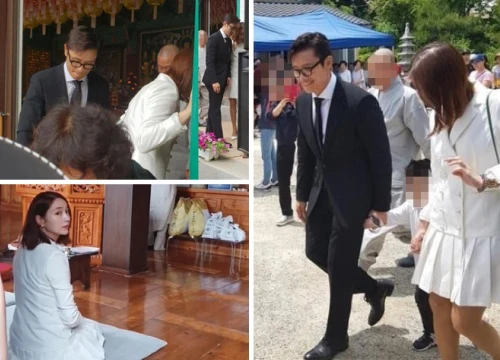 Vợ chồng Lee Byung Hun đưa con trai lên chùa cầu an