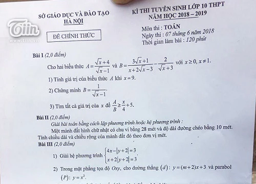 Đề thi tuyển sinh vào lớp 10 môn Toán tại Hà Nội