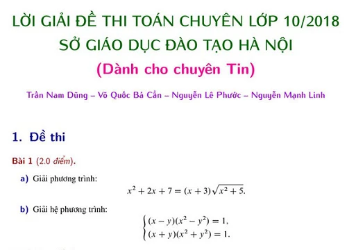 Đáp án đề Toán thi vào lớp 10 chuyên Tin của Hà Nội