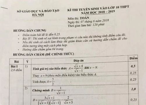 Sở GD&ĐT Hà Nội công bố đáp án môn Toán vào lớp 10