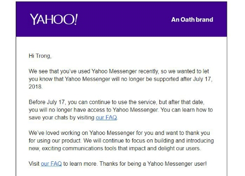 Yahoo Messenger gửi thư tạm biệt người dùng