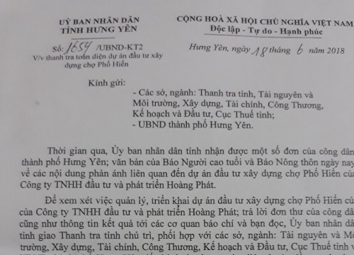 Thanh tra toàn diện dự án đầu tư xây dựng chợ Phố Hiến, Hưng Yên