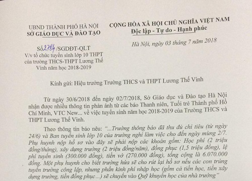 Trường Lương Thế Vinh bị "tuýt còi", yêu cầu trả phí khi học sinh rút hồ sơ