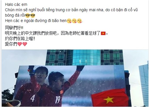 Cô giáo trẻ đẹp cho học trò nghỉ học xem Olympic Việt Nam đá Hàn Quốc, hẹn đi bão