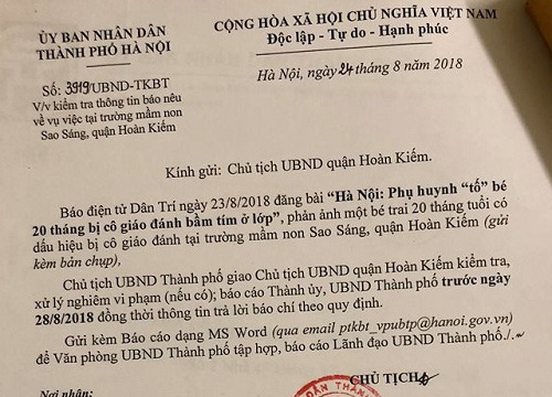 Phụ huynh "tố" vụ bé 20 tháng bị đánh ở lớp: Chủ tịch Hà Nội yêu cầu xác minh