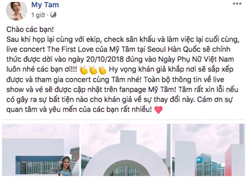 Mỹ Tâm bất ngờ thông báo dời ngày tổ chức concert tại Hàn Quốc tận 1 tháng, lý do là gì?