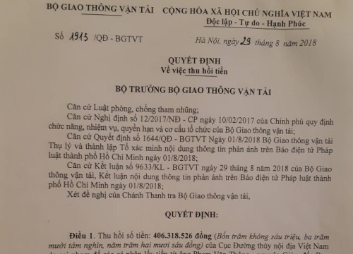 Chuyển vụ việc tại Cục Đường thủy nội địa sang Cơ quan Cảnh sát điều tra