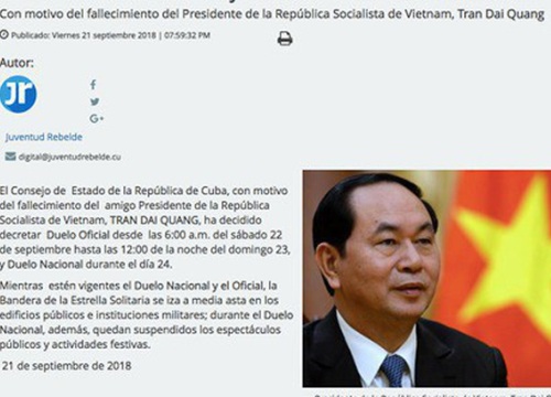 Cuba tuyên bố quốc tang tưởng niệm Chủ tịch nước Trần Đại Quang