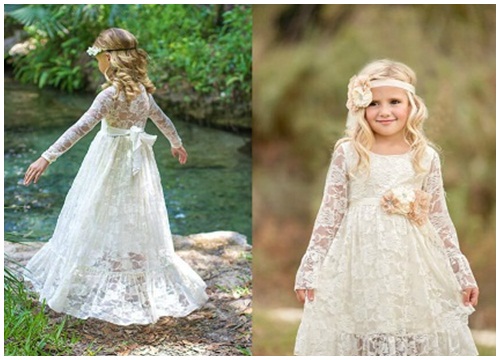 Váy phù dâu cho bé gái cao cấp chất liệu ren voan