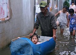 Nhà biến thành sông sau trận bão số 9, các 'vận động viên bơi lội không chuyên' thỏa thích tập luyện ngụp lặn