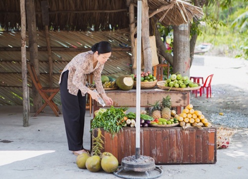 Dương Cẩm Lynh bán nước mía, trái cây ngoài chợ