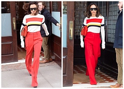 Victoria Beckham nổi bần bật trên phố với áo len mix cùng quần ống rộng đỏ rực