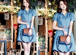 Kiểu đầm denim hàn quốc đẹp cho bạn gái thanh mảnh xuống phố