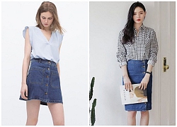 Chân váy đầm denim cài cúc đẹp cho nàng công sở cá tính 2019