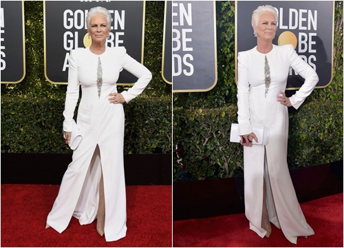 Ở tuổi 60, Jamie Lee Curtis diện váy trắng đánh bật dàn sao trẻ tại Quả Cầu Vàng 2019