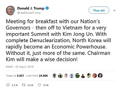 Tổng thống Trump thông báo ăn sáng cùng các thống đốc rồi khởi hành sang Việt Nam