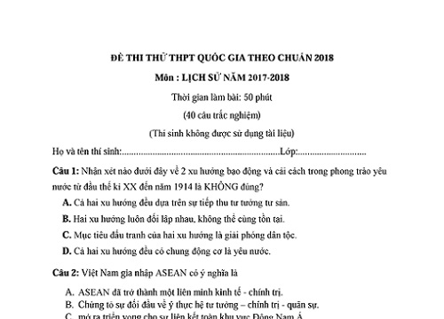 Đề thi thử môn Lịch sử THPT quốc gia 2019 ở Hà Nội