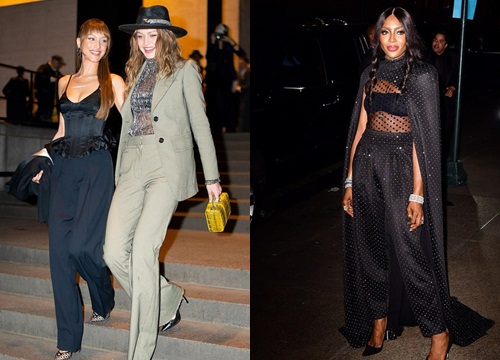 'Báo đen' Naomi Campbell diện đồ lưới khoe eo thon, cùng chị em Hadid xúng xính dự đám cưới Marc Jacobs