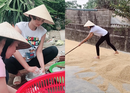 Chân dài Lê Thúy tất bật phơi thóc, rửa bát cho gia đình dịp lễ