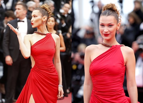 Bella Hadid khoe lưng nuột nà với váy đỏ