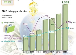 5 tháng năm 2019, vốn FDI vào Việt Nam đạt 16,74 tỷ USD