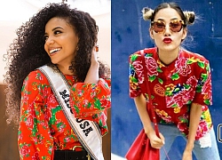 Cuộc chiến váy áo cực gắt của Hoàng Thùy và đối thủ Miss Universe 2019 khi cùng khoác 'chăn con công'