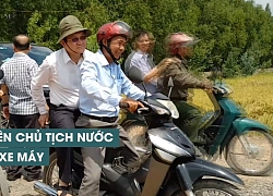 Nguyên chủ tịch nước ngồi xe máy đi kiểm tra cầu và trao quà cho học sinh